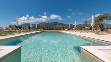 Seasonal outdoor pool, pool umbrellas, pool loungers