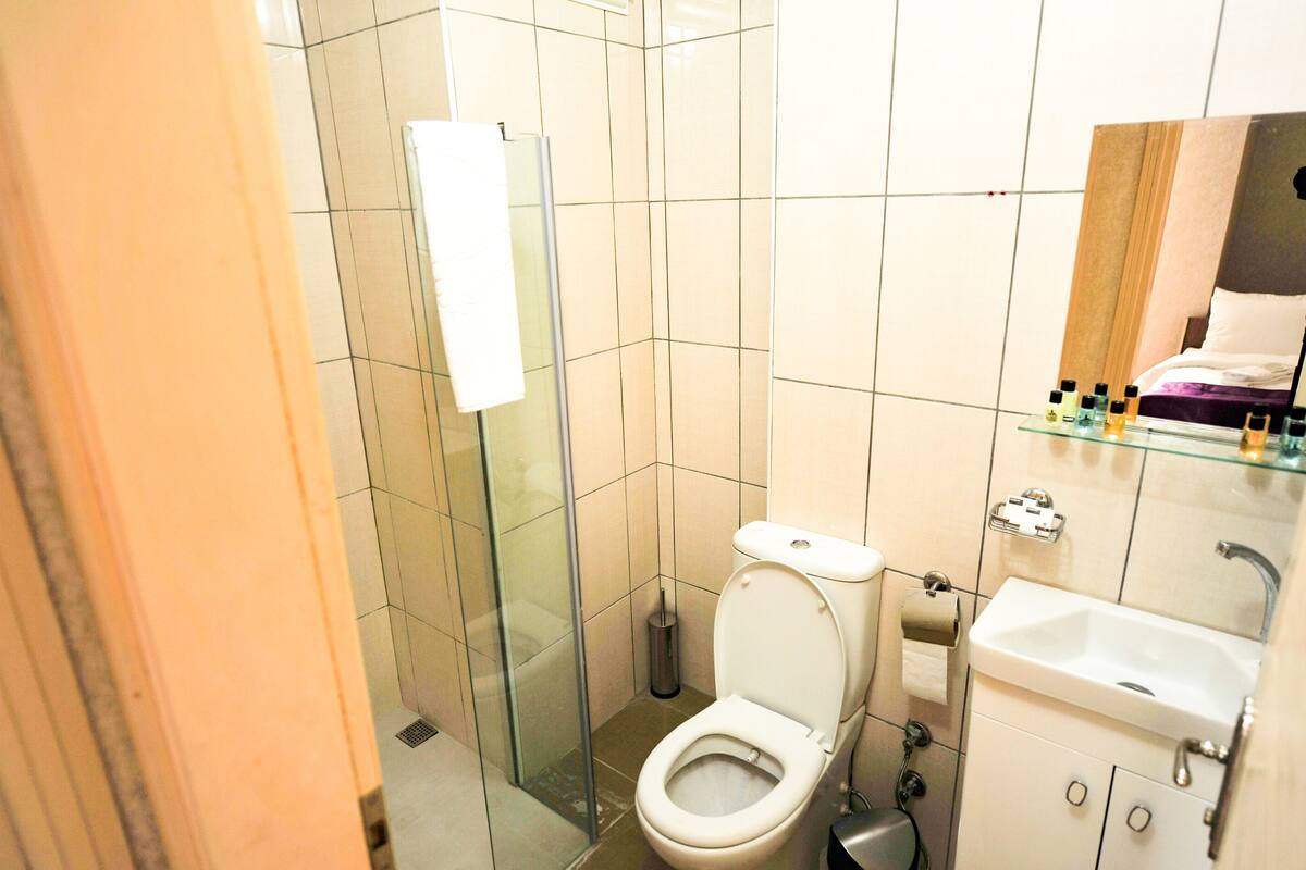 Ein modernes Badezimmer mit Duschkabine aus Glas, einer weißen Toilette und einem Waschbecken mit Glasablage und Toilettenartikeln.