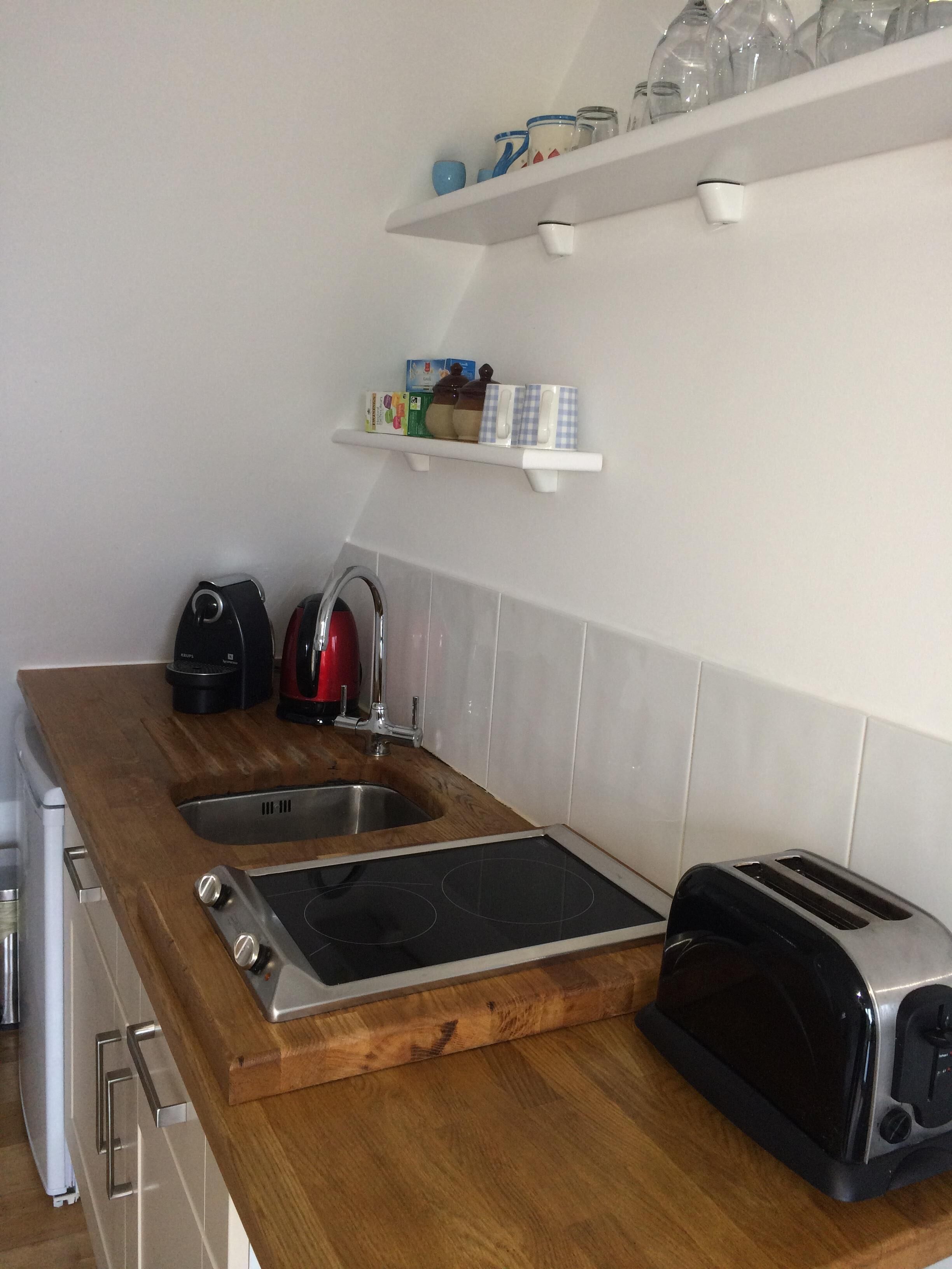Frigorífico, microondas, horno y placa de cocina