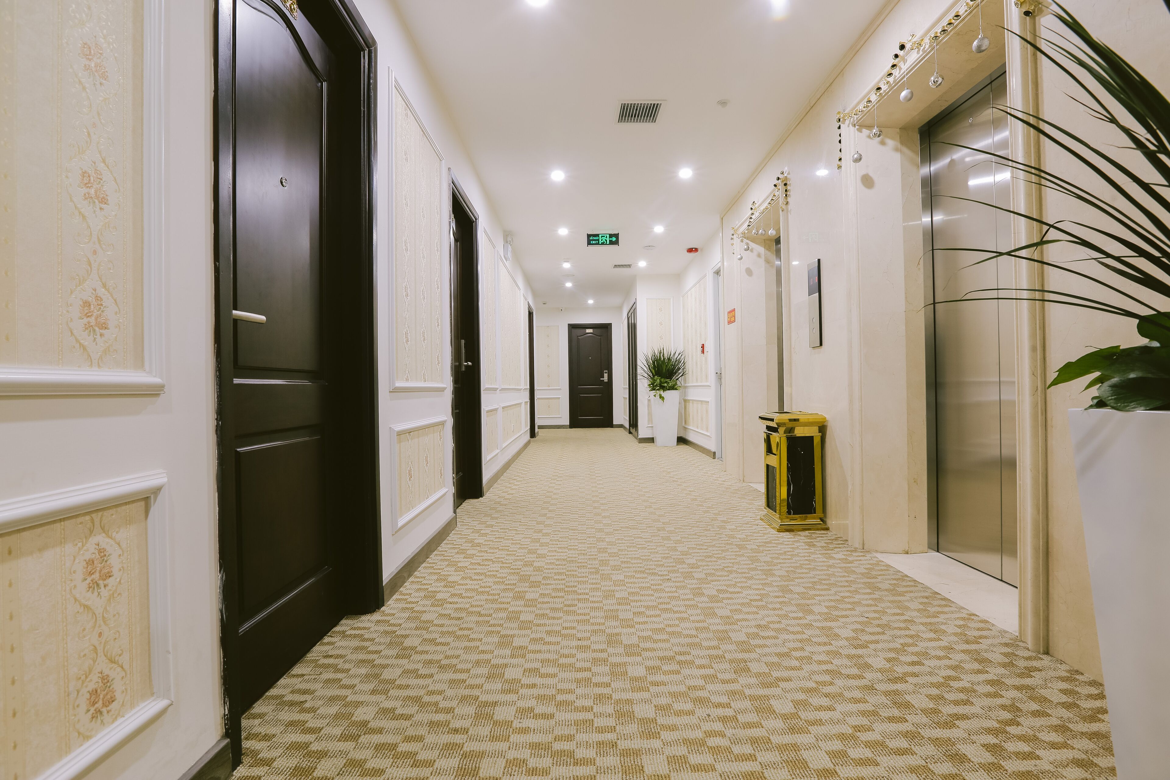 Un pasillo de hotel con alfombra estampada, puertas de madera oscura y una planta en maceta.