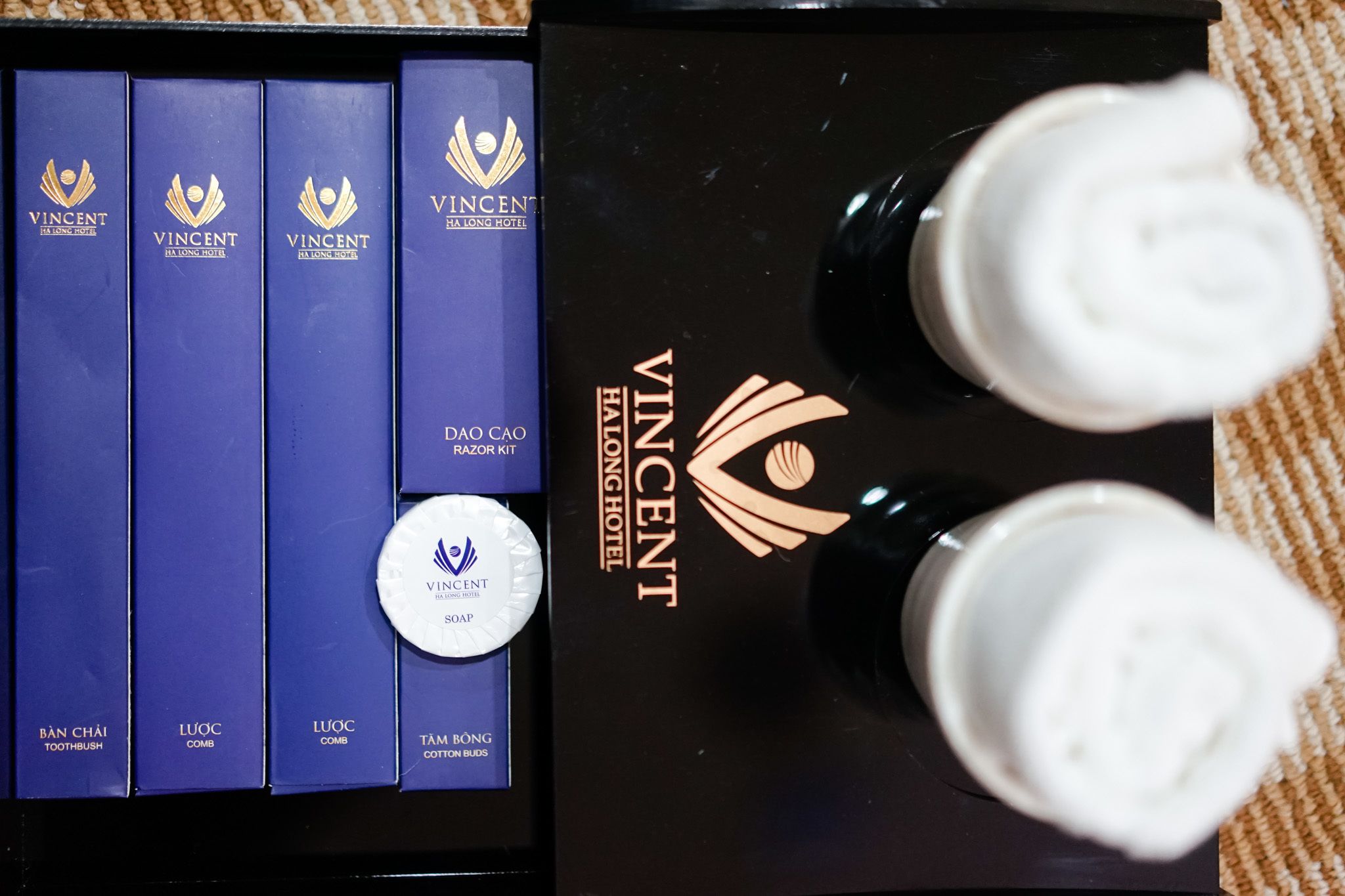 A set of Vincent brand toiletries including a razor kit, toothpaste, and soap, along with two bottles of shampoo.