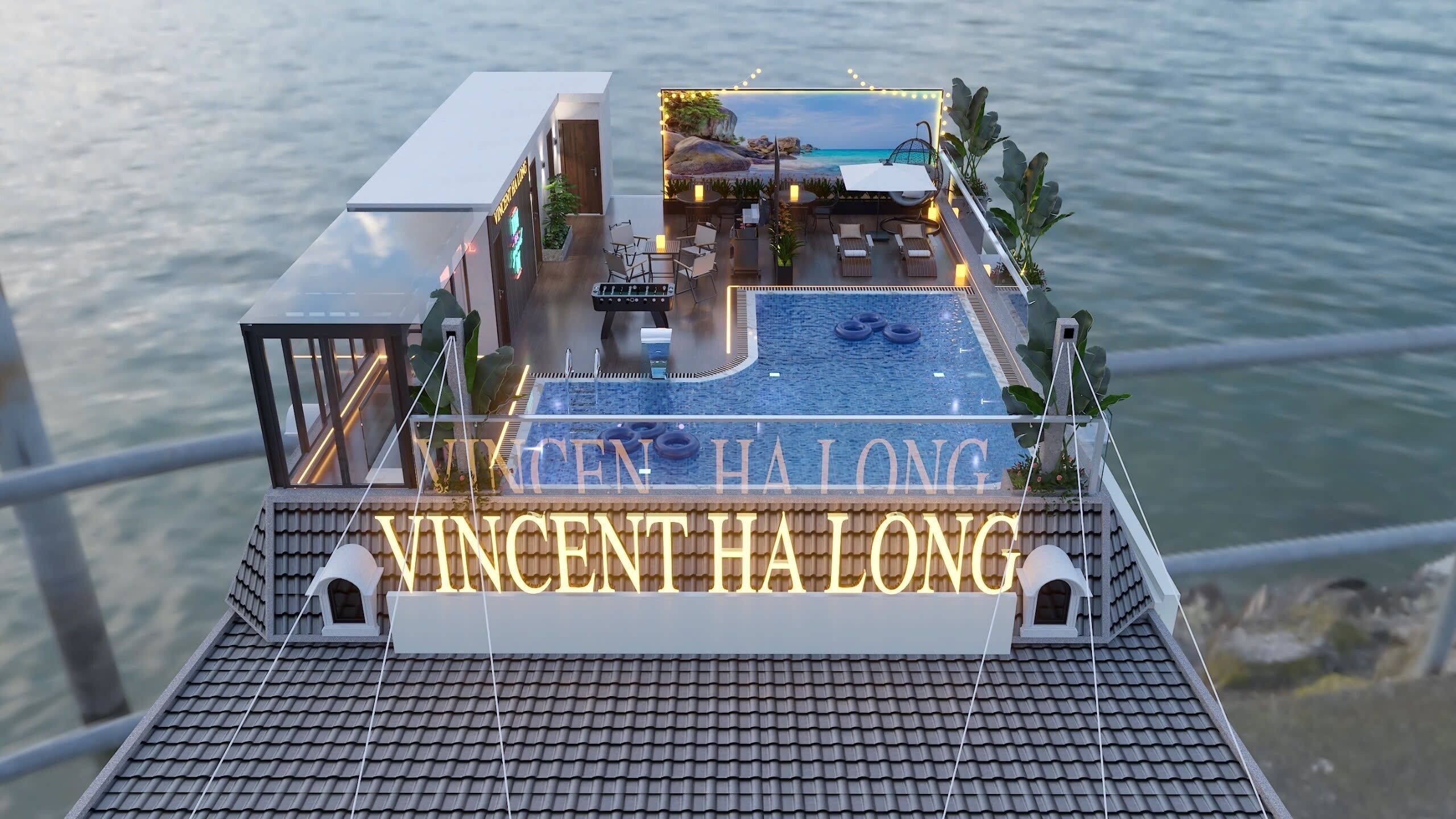 A rooftop pool area with a view of the sea, a lounge with seating, and a sign reading "VINCENT HA LONG".