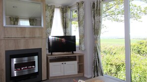 Een moderne woonkamer met een open haard, een flatscreen televisie en een groot raam met uitzicht op een groen landschap.