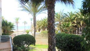 A pathway leading to a beach with palm trees and a view of the sea. - Apto CasaTuris 1Línea Muchavista C101 (Ibi)