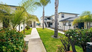 A residential area with modern houses, a central pathway, and palm trees.