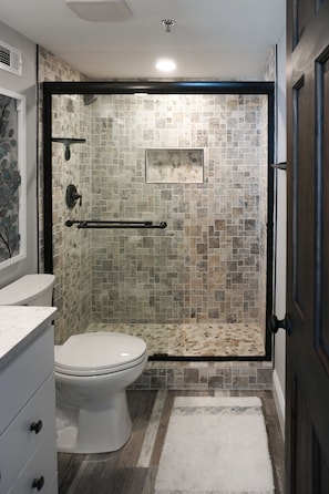 Bathtub, hair dryer, soap, toilet paper