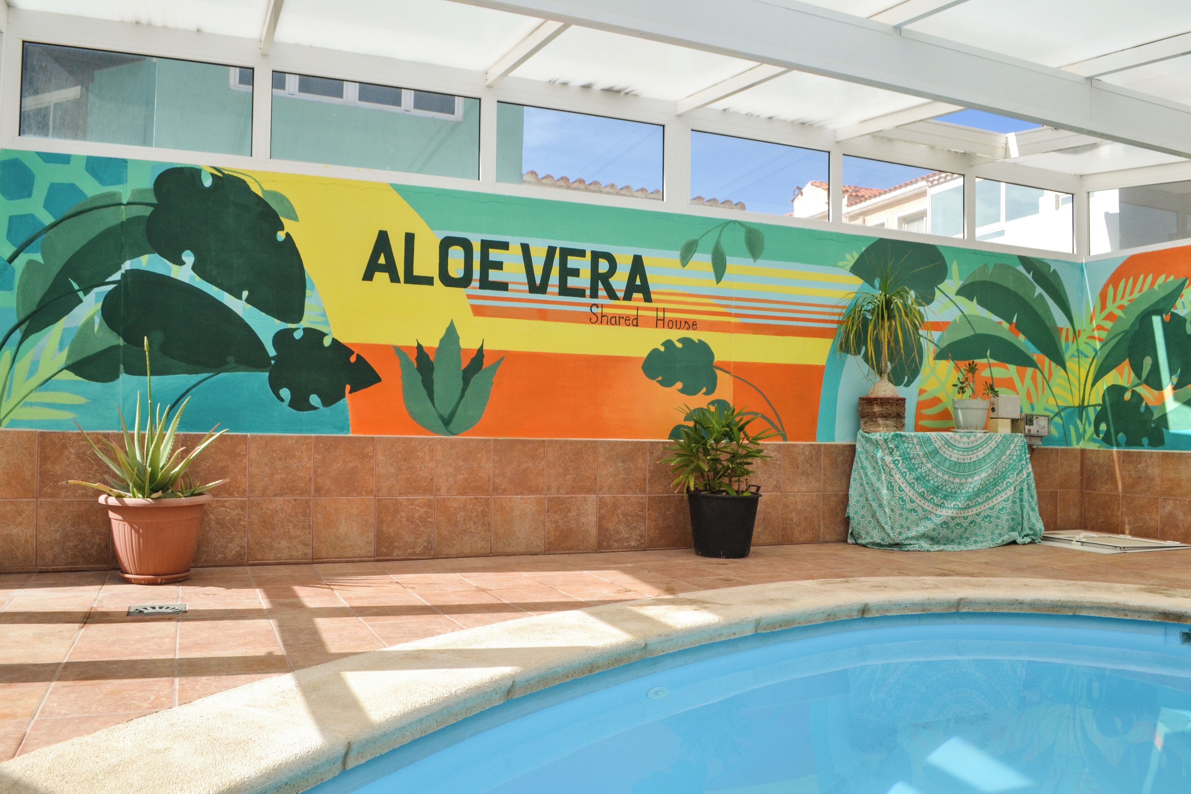 Uma área de piscina com um mural de plantas de aloe vera e o texto "Aloe Vera Shared House".