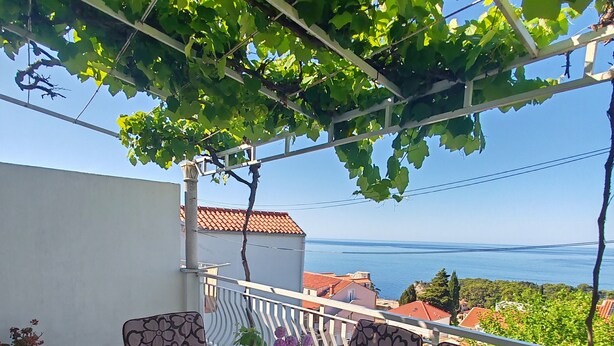 Une terrasse avec une table dressée pour deux personnes, une plante en pot et une vue sur la mer.