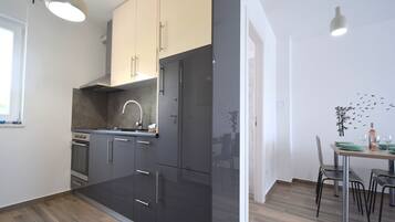 Apartment, Erdgeschoss (B1) | Eigene Küche | Großer Kühlschrank, Ofen, Herdplatte