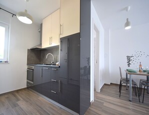 Apartment, Ground Floor (B1) | Private kitchen | Full-size fridge, oven, stovetop, coffee/tea maker