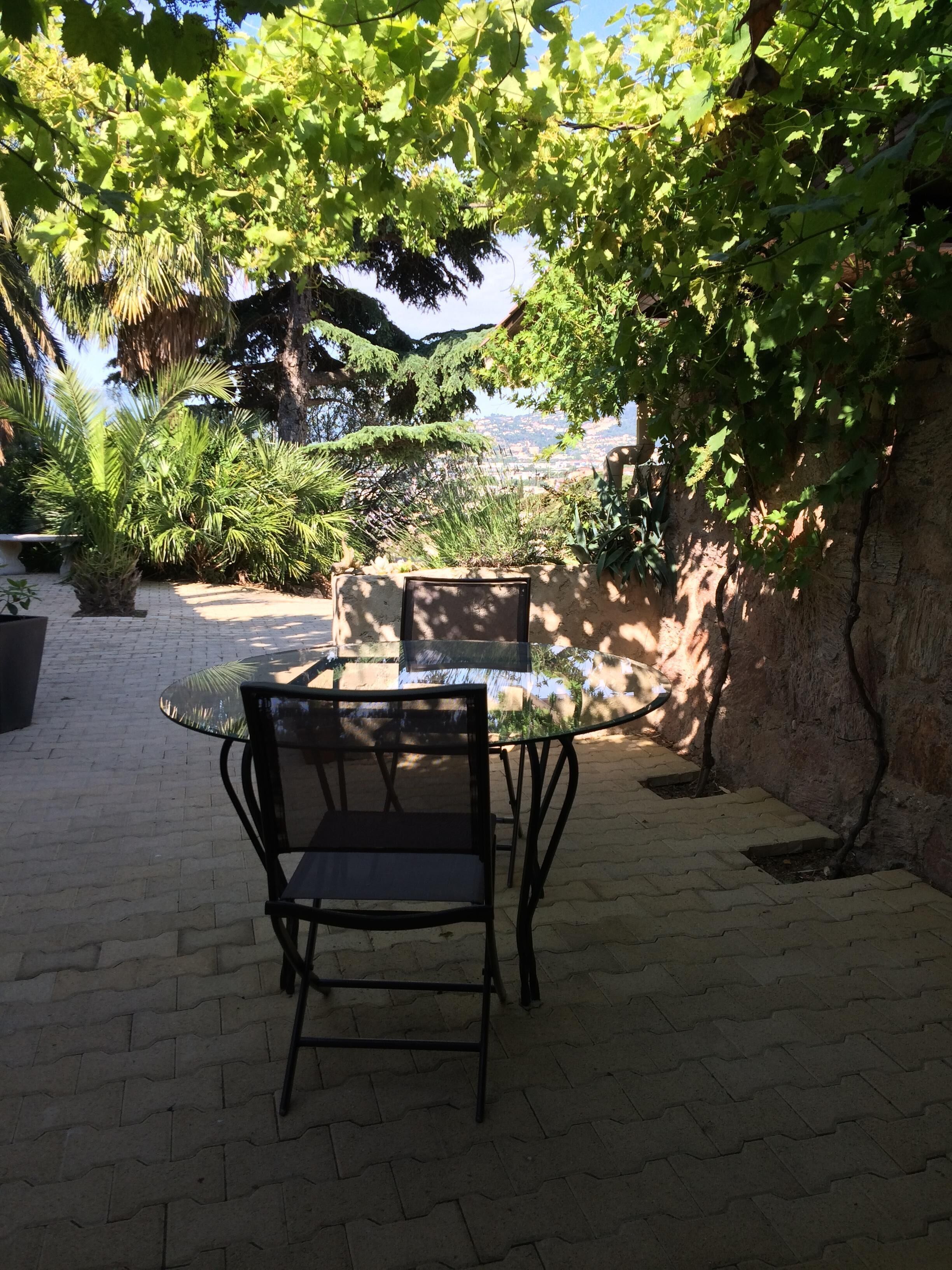 A patio area with a glass table and chairs, surrounded by greenery and a stone wall.