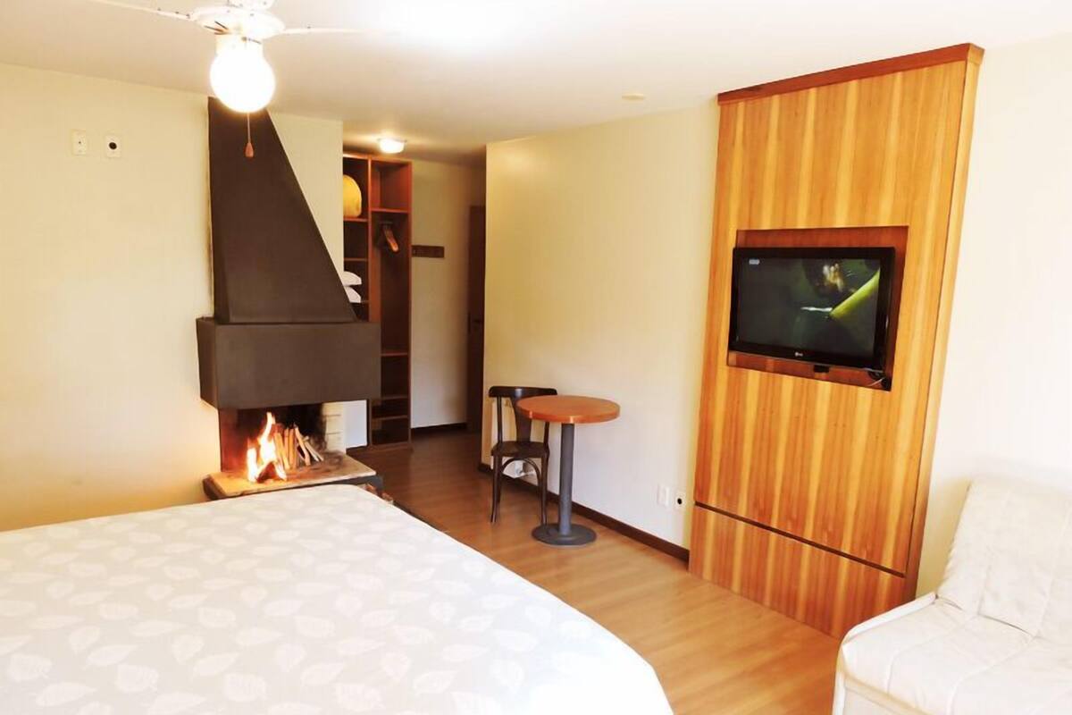Habitación de hotel con cama, televisión montada en una pared de madera, chimenea y una pequeña mesa con una silla.