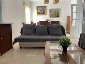 Flat-screen TV, fireplace