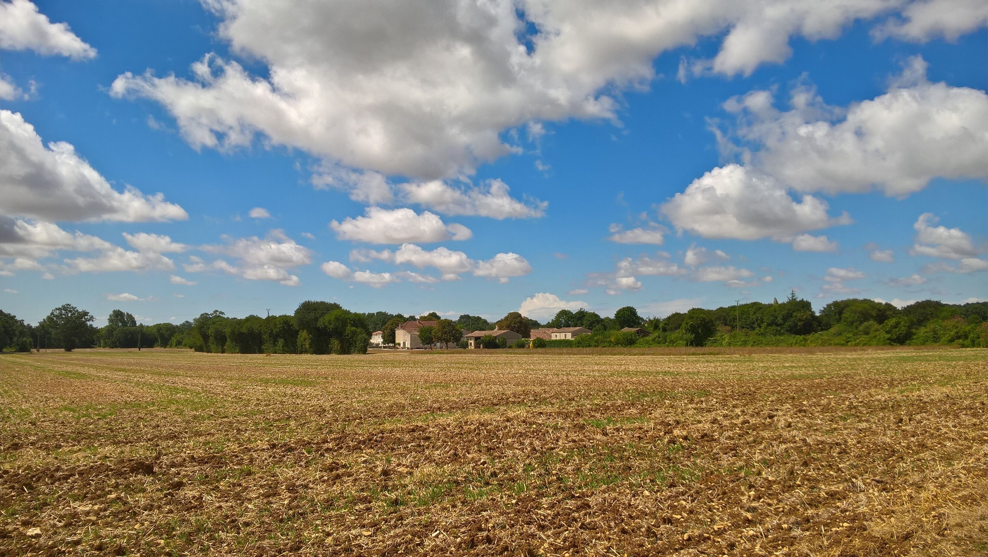 Un paisaje rural con un gran campo abierto, árboles dispersos y una hilera de casas a lo lejos bajo un cielo parcialmente nublado.