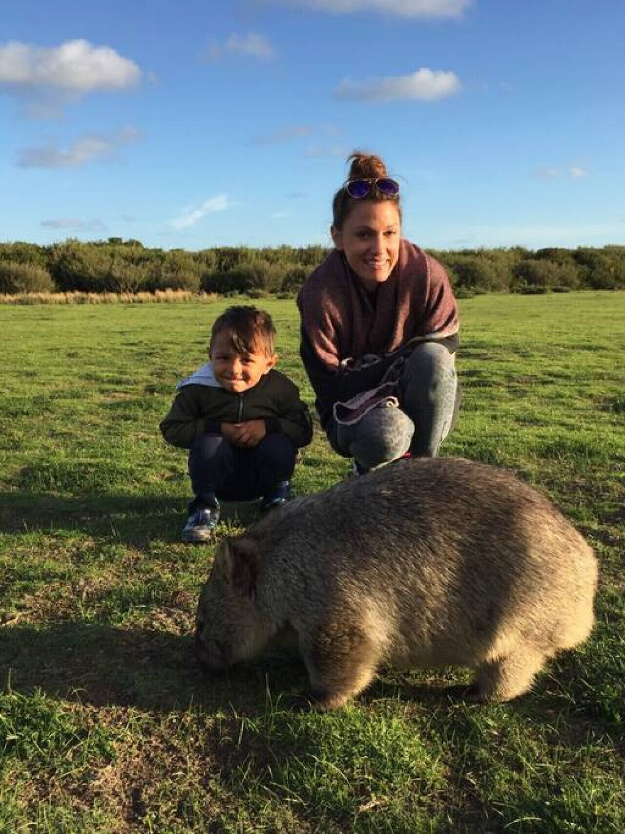 Iemand hurkt in een grasveld, met een groot dier, mogelijk een schaap, op de voorgrond.