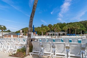 A poolside area with white lounge chairs, a palm tree, and a covered pavilion.