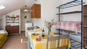 Un espace de vie compact comprenant un lit superposé, un coin cuisine et un espace repas.
