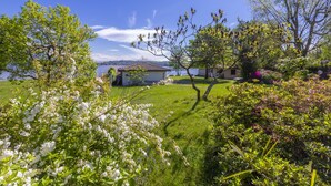 A lush garden with flowering plants and a view of a building with a tiled roof.