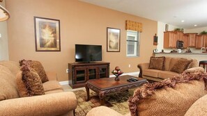 Flat-screen TV, fireplace, DVD player