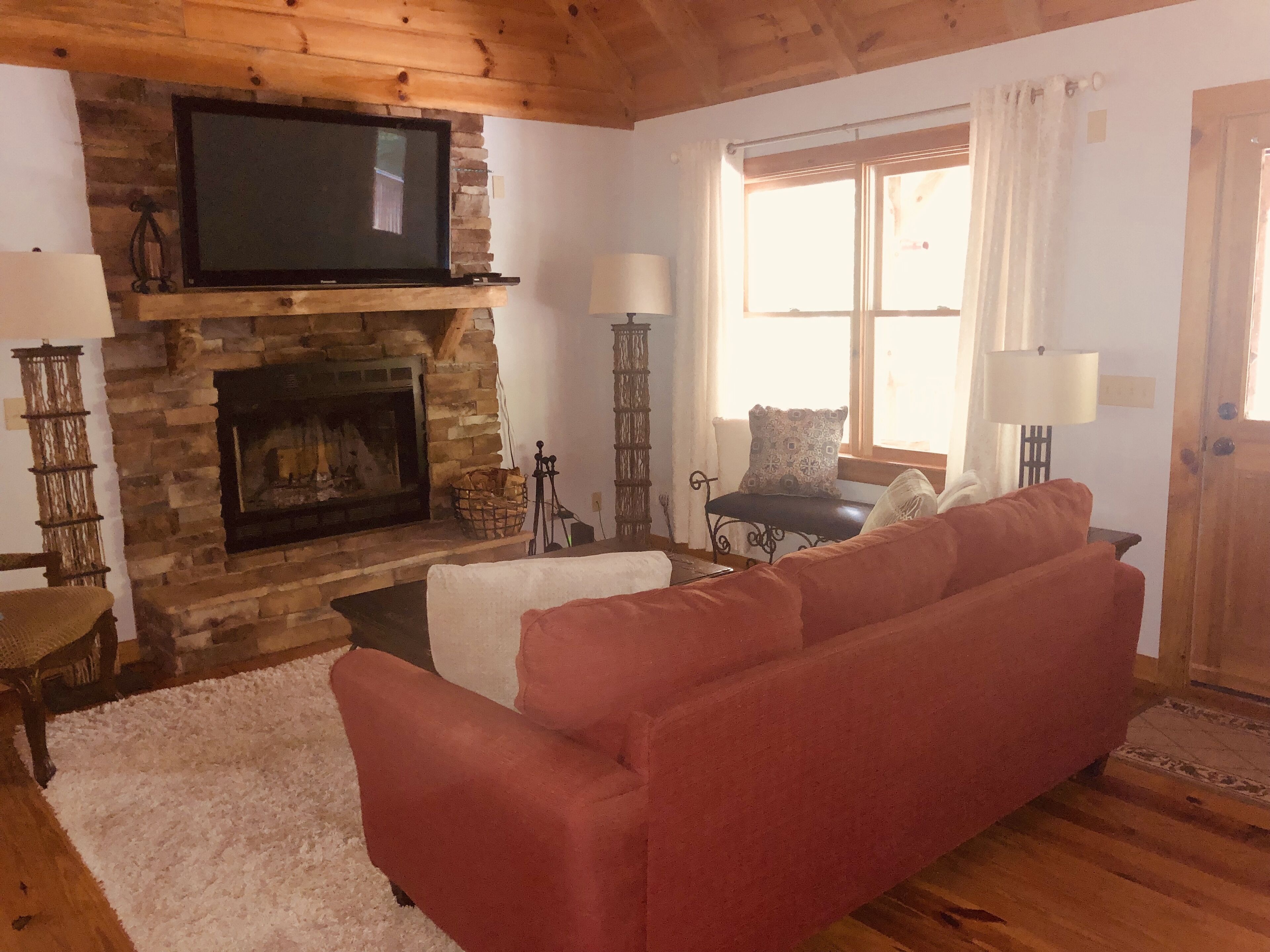 Televisión LCD, chimenea, consola de videojuegos, Netflix