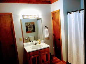 A bathroom with a wooden vanity, a sink, a mirror, a toilet, and a shower curtain.
