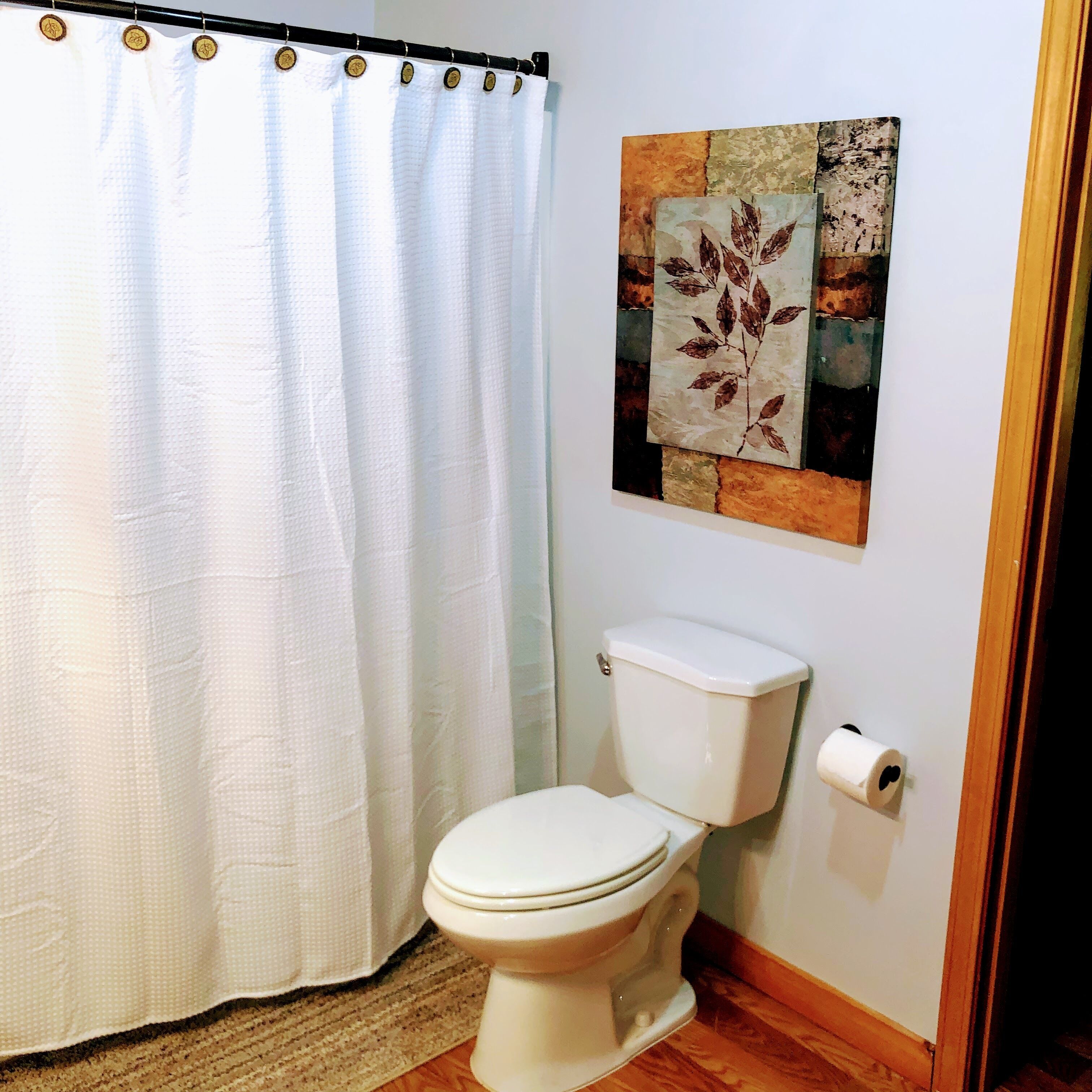 A bathroom with a white toilet, a shower curtain, and a wall-mounted artwork.