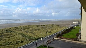 A beach view from a balcony with a grassy area in the foreground, a paved walkway, and a building with a flag.