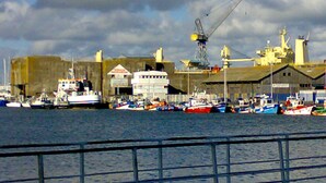 A harbor with various boats docked, a crane, and industrial buildings. - New apartment for rent with luxurious furnishings (Saint-Nazaire)