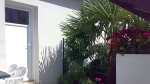 A patio area with a white door, white plastic chairs, a potted plant with pink flowers, and a palm tree. - New apartment for rent with luxurious furnishings (Saint-Nazaire)