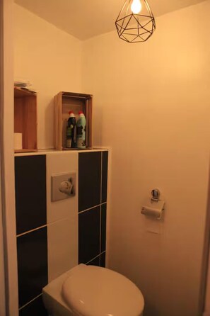Baignoire, serviettes fournies, savon, shampoing