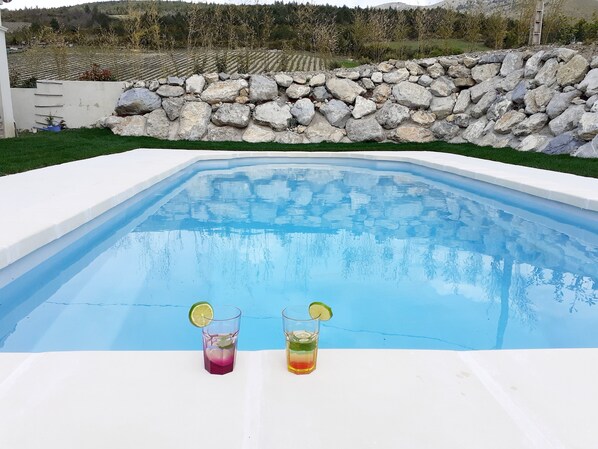 A swimming pool with two glasses of drinks on the edge. - Holiday rental Gite Pousada Tropical (VOLVENT)