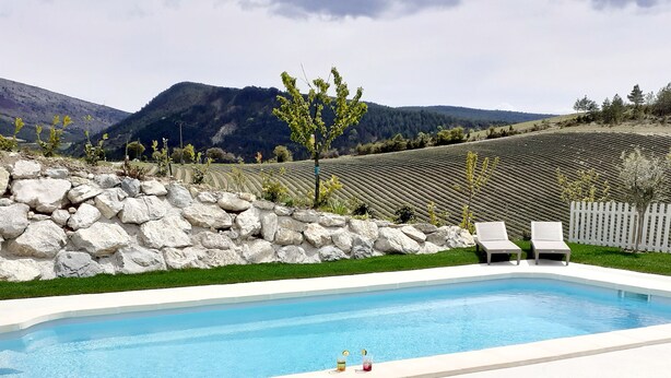 A swimming pool with two lounge chairs, a stone wall, and a view of a vineyard and mountains. -  Holiday rental Gite Pousada Tropical (VOLVENT)