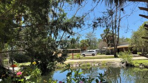 A pond surrounded by lush greenery and flowers, with a parked car and a building in the background. - Lake Retreat of Steinhatchee- bring your RV to the place for fun and memories!! (Steinhatchee)