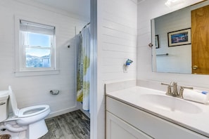 Une salle de bain équipée de toilettes, d’un lavabo et d’un rideau de douche.