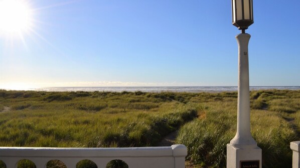A coastal landscape with a white lamp post and a path leading to the beach. - Oceanfront Condo, Ground Floor, Full Kitchen, Patio, Expansive Views (Seaside)