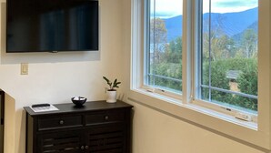 Una stanza con una TV a schermo piatto montata a parete, un comò in legno scuro con una pianta e un'ampia finestra che si affaccia su montagne e alberi.