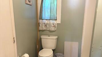 Een kleine badkamer met een toilet, een prullenbak en een raam met een dunne gordijn.