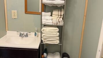 Shower, hair dryer, towels, soap