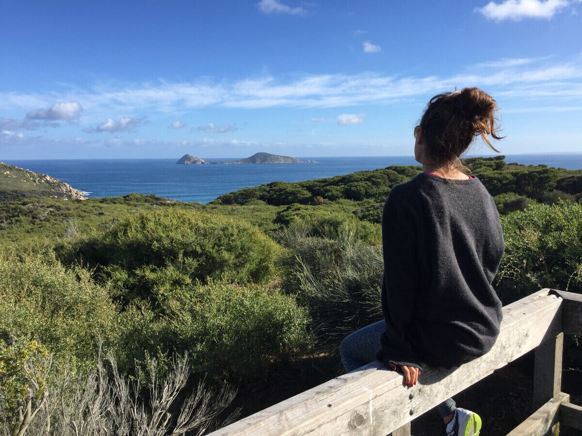 Una persona asseguda en un banc de fusta contemplant un paisatge costaner amb vegetació i una illa a la distància.