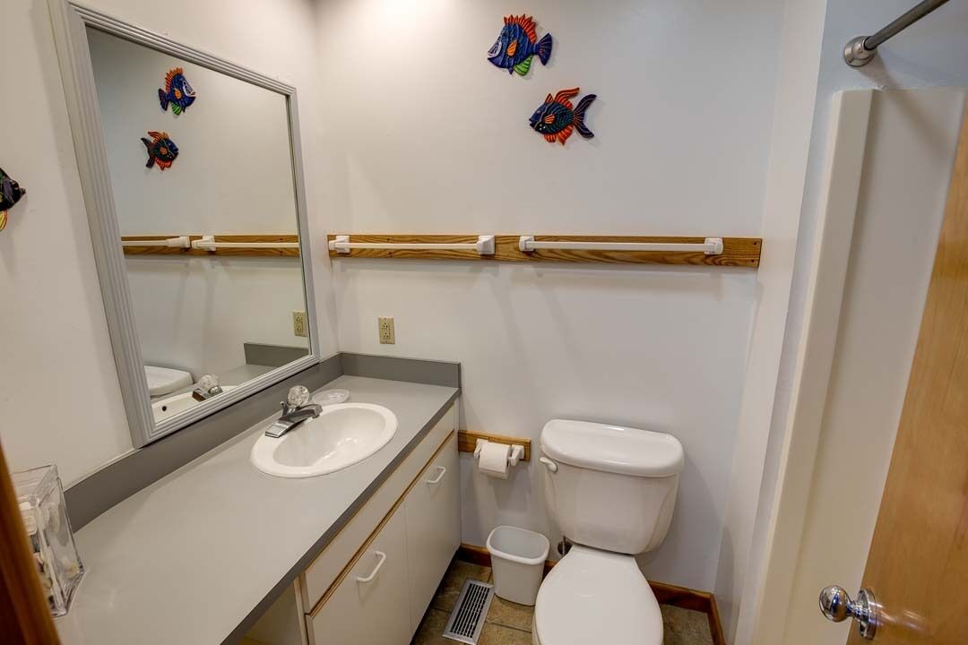 A bathroom with a white sink, a toilet, a mirror, and decorative fish wall art.