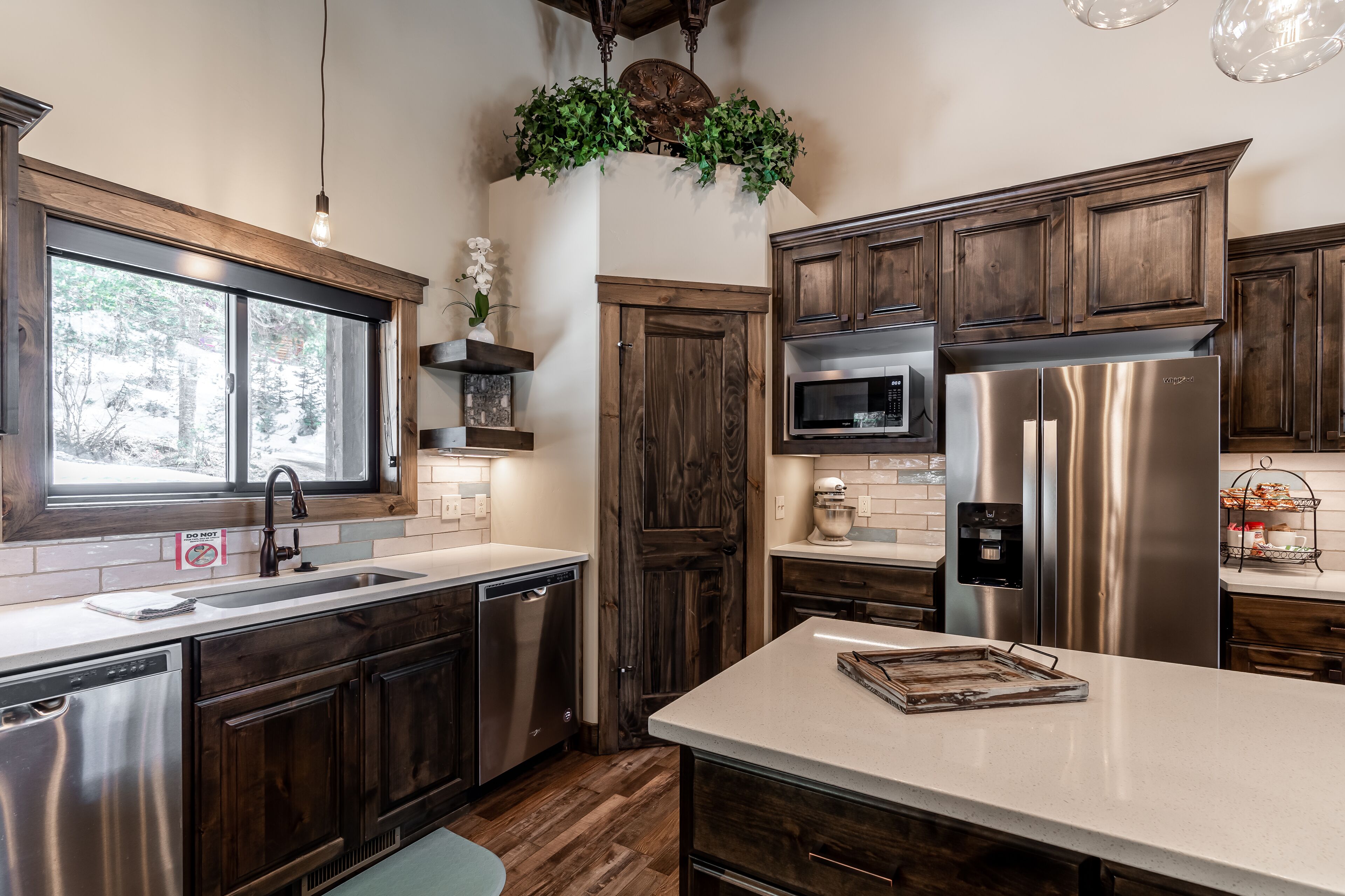 Una cocina moderna con armarios de madera oscura, electrodomésticos de acero inoxidable, un ventanal grande y una planta colgante.