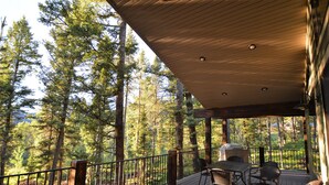 Une terrasse couverte avec vue sur une forêt.