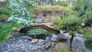 Um jardim tranquilo com lago, rodeado por pedras e diversas plantas.