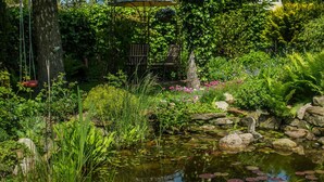 Un jardín con un estanque, rocas y un pabellón.