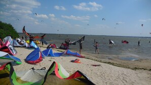 Una playa con numerosas cometas coloridas y tiendas de campaña.
