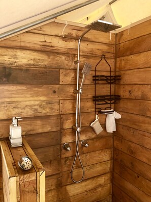 Hair dryer, bathrobes, towels, shampoo