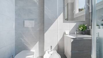 Shower, hair dryer, bidet, towels