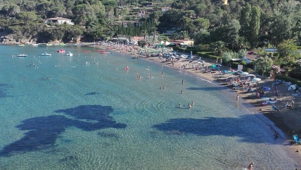 Una playa costera con aguas claras, una orilla arenosa y colinas al fondo.
