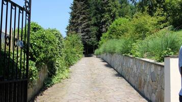 Un chemin de pierre menant à un bâtiment, entouré de verdure et agrémenté d’une grille en métal.