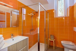 Combined shower/tub, hair dryer, bidet, towels